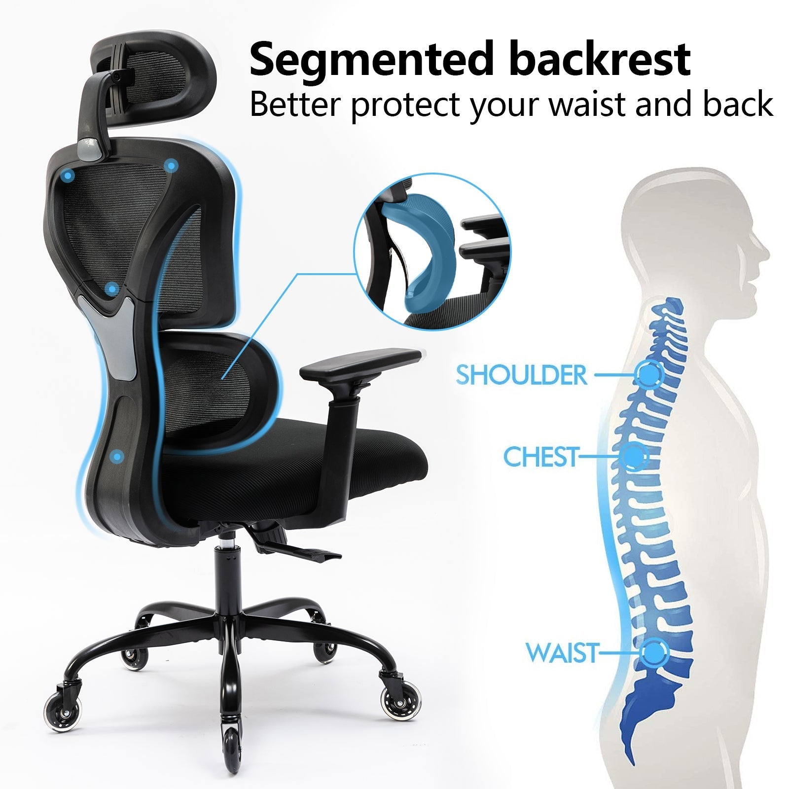 Silla Ergonómica KERDOM,Uso 8 horas,Avanzado Soporte Lumbar,Exclusivo Diseño